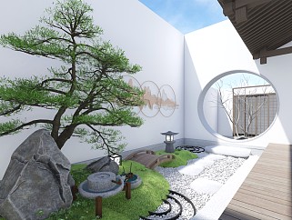 日式庭院景观 水钵 树石组景 门洞 枯枝 日式景观